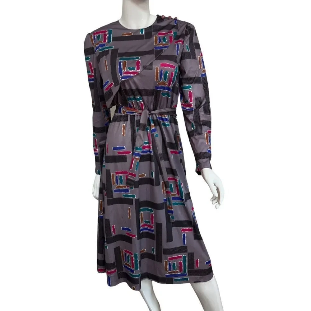 Vintage 1980s Geometric Rainbow Ruffle Neck Cinch Waist Belted Midi Dress